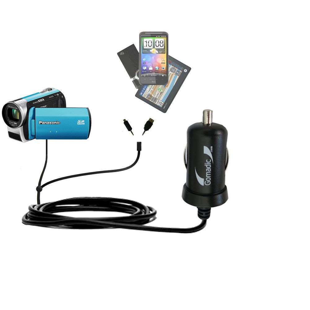 Double Port Micro Gomadic Car / Auto DC Charger suitable for the Panasonic SDR-S25 Video Camera - Charges up to 2 devices simultaneously with Gomadic TipExchange Technology