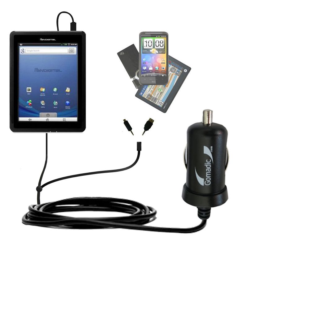 mini Double Car Charger with tips including compatible with the Pandigital Novel R70E200 - Black Model