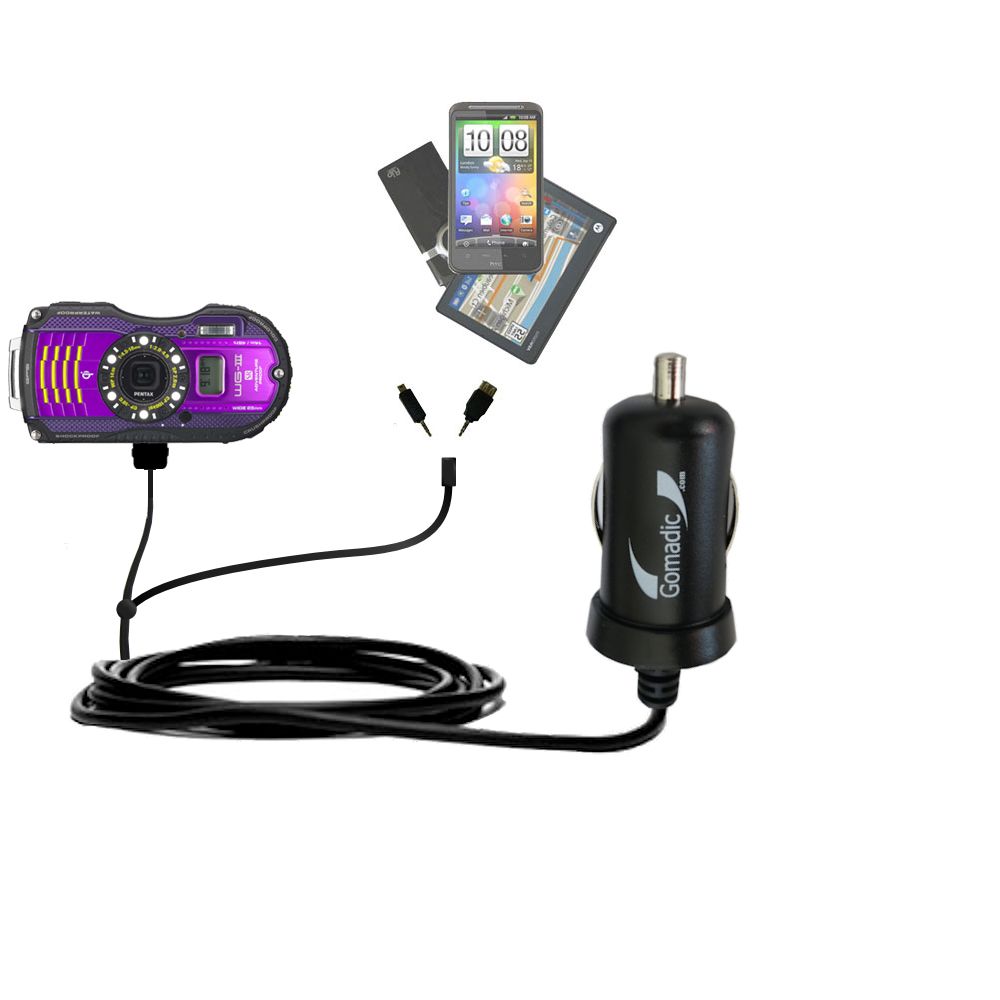 mini Double Car Charger with tips including compatible with the Pentax Optio WG-3