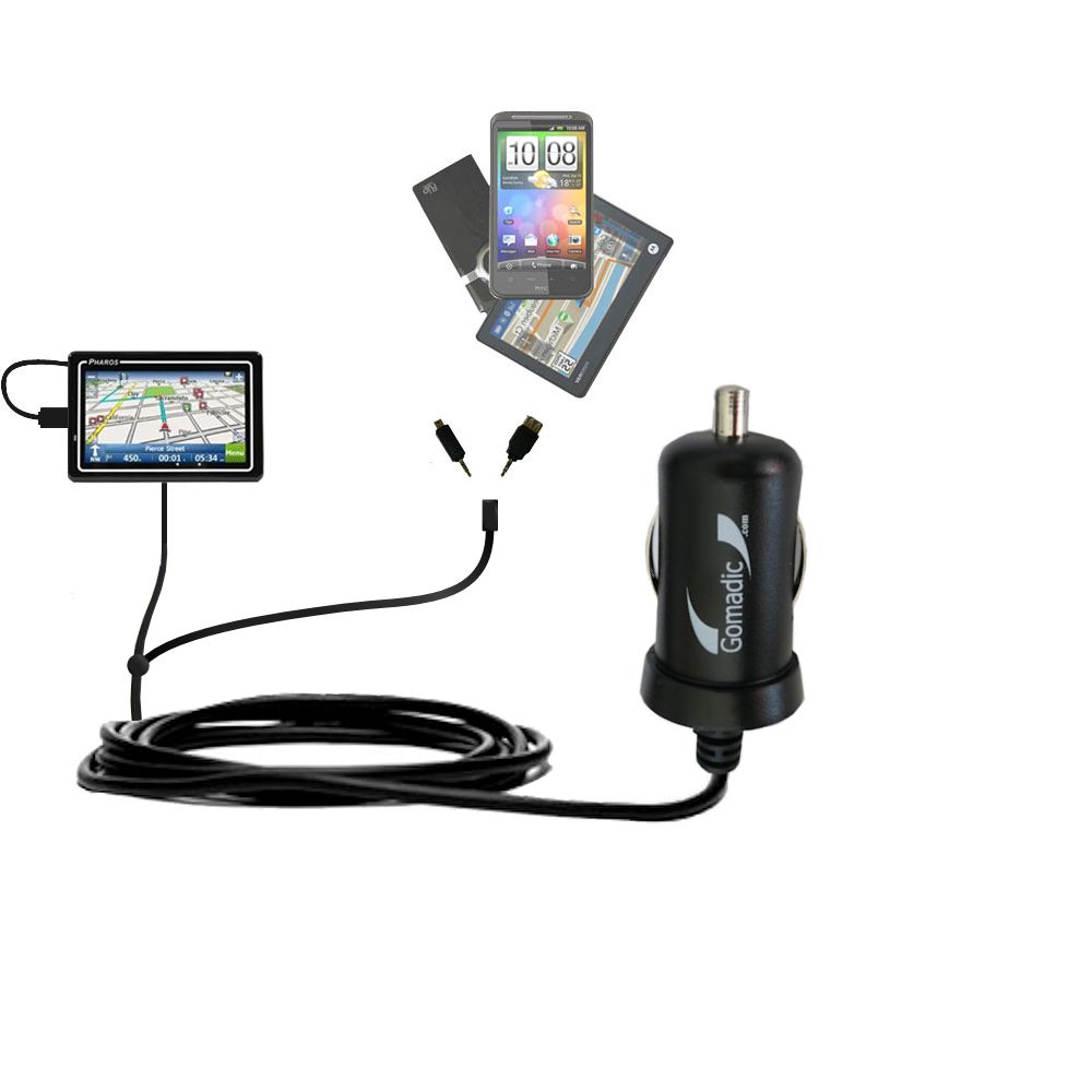 mini Double Car Charger with tips including compatible with the Pharos Drive 250n