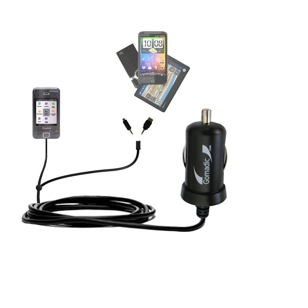 mini Double Car Charger with tips including compatible with the Pharos PGS Phone 600