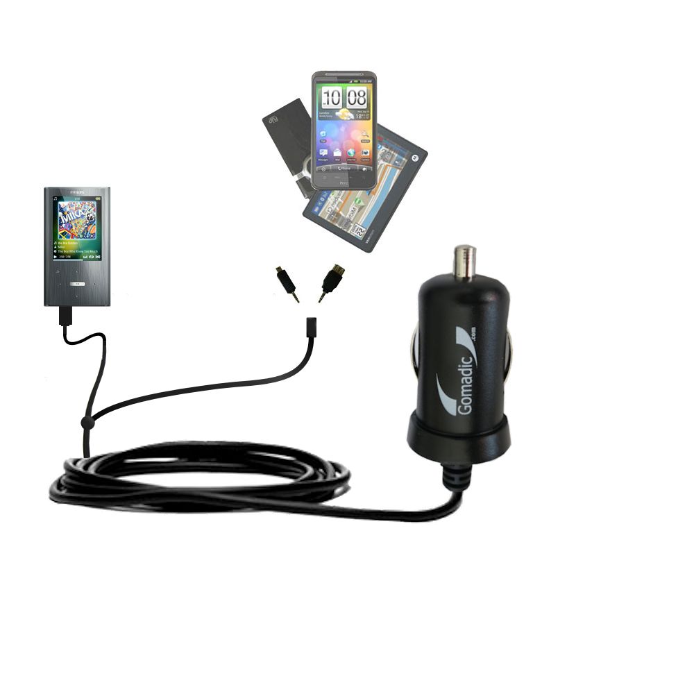 mini Double Car Charger with tips including compatible with the Philips GoGear Ariaz