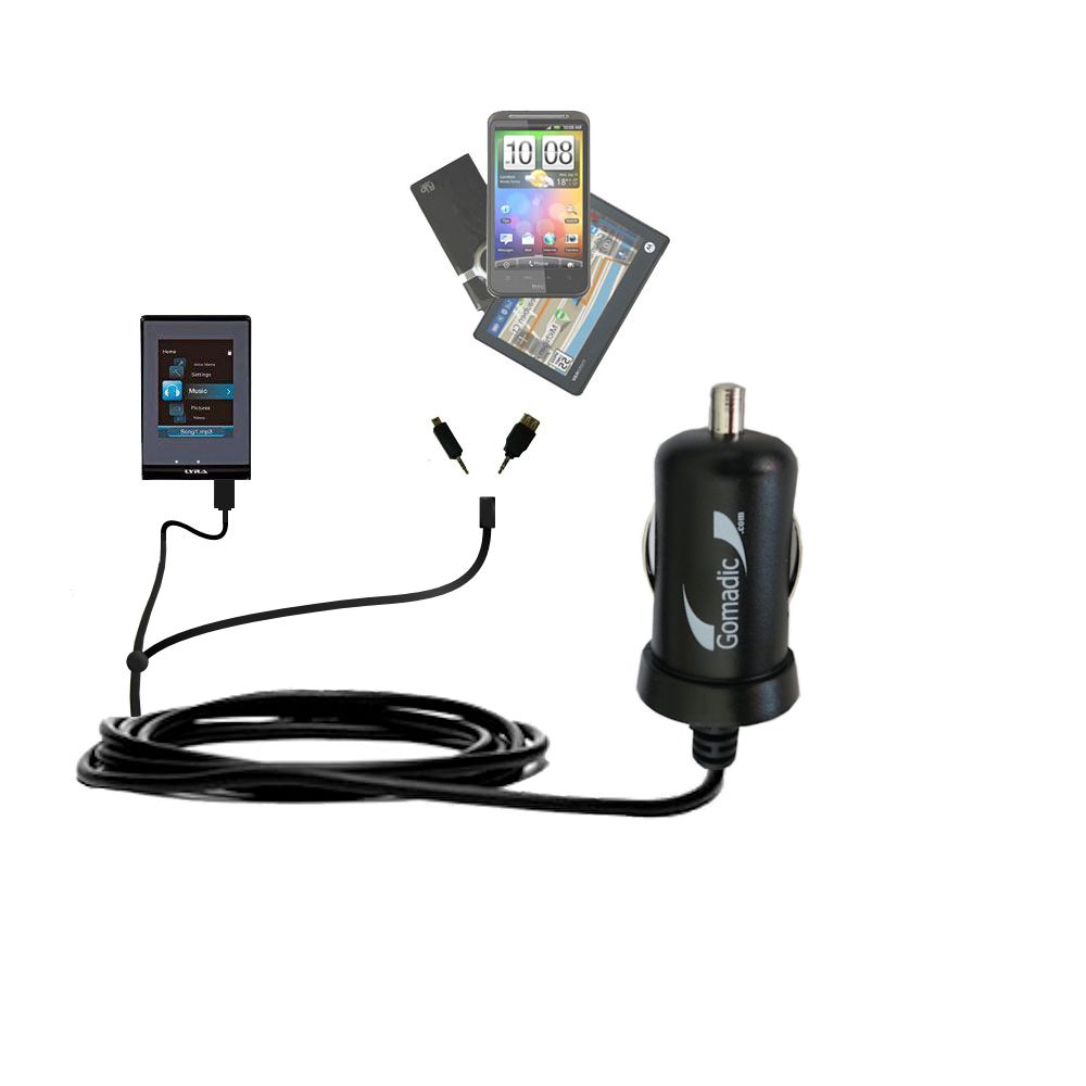 Double Port Micro Gomadic Car / Auto DC Charger suitable for the RCA SL5008 LYRA Slider Media Player - Charges up to 2 devices simultaneously with Gomadic TipExchange Technology