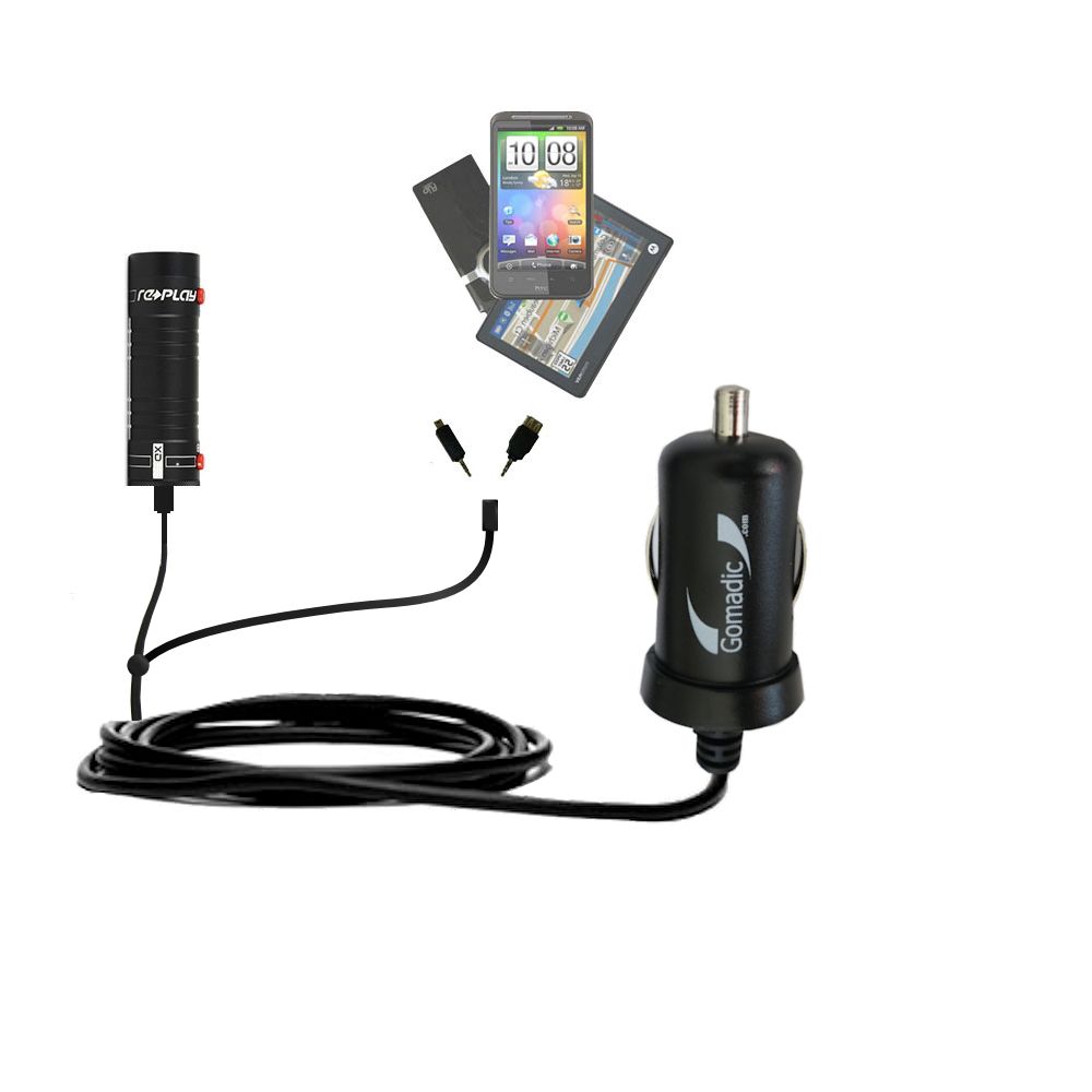 Double Port Micro Gomadic Car / Auto DC Charger suitable for the Replay XD Std MicroUSB - Charges up to 2 devices simultaneously with Gomadic TipExchange Technology
