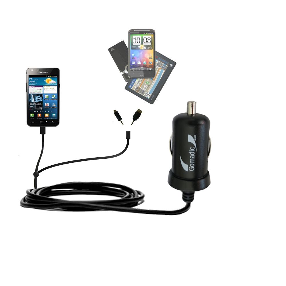mini Double Car Charger with tips including compatible with the Samsung Galaxy 2