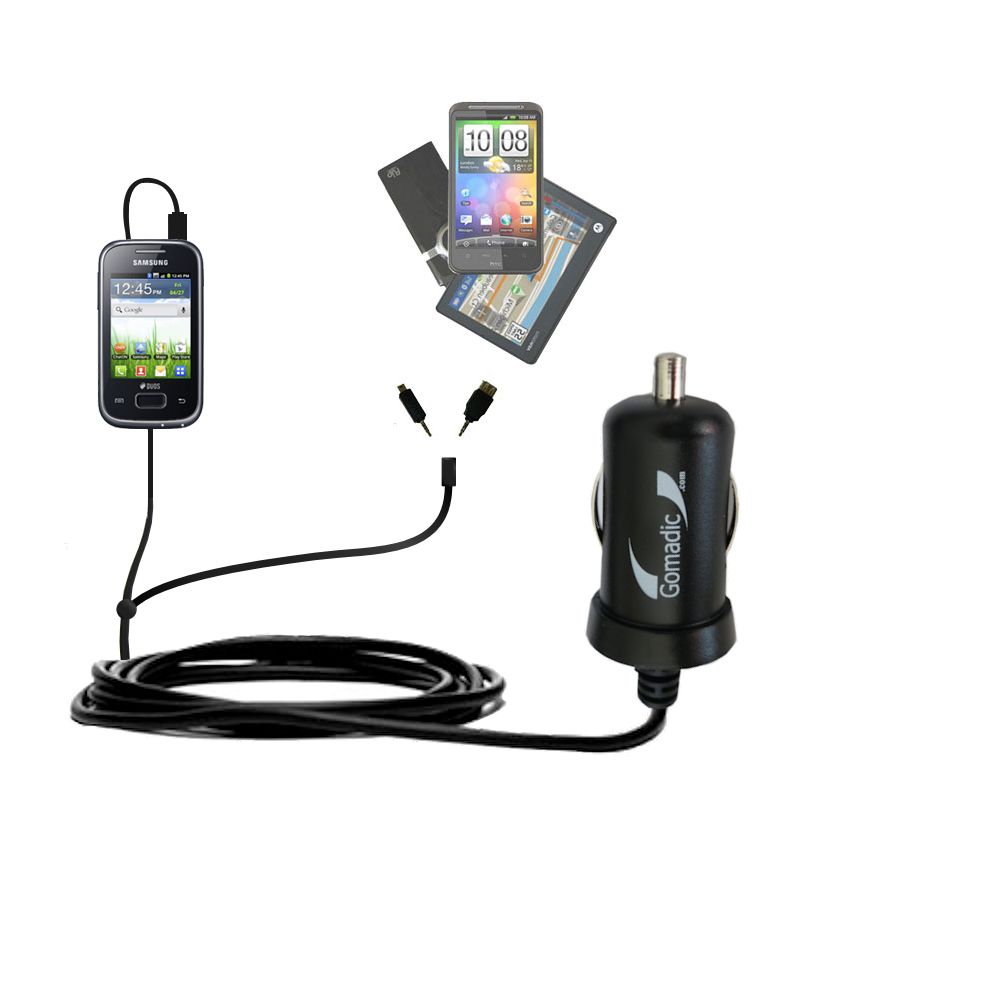 mini Double Car Charger with tips including compatible with the Samsung Galaxy Pocket Duos