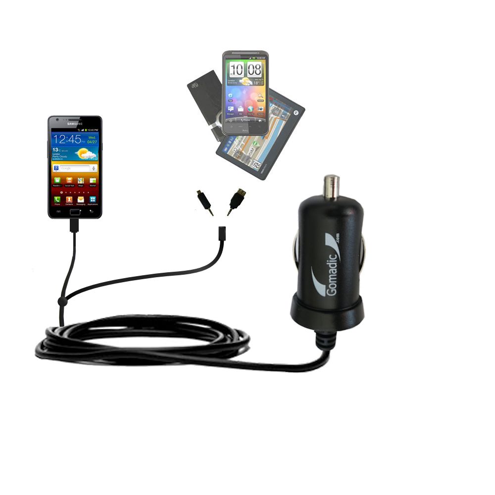 mini Double Car Charger with tips including compatible with the Samsung Galaxy S II