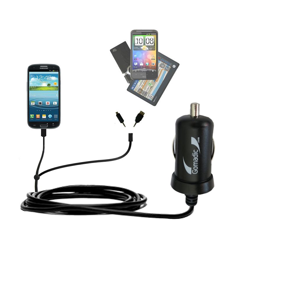 mini Double Car Charger with tips including compatible with the Samsung Galaxy S III