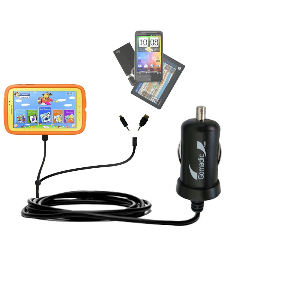 mini Double Car Charger with tips including compatible with the Samsung Galaxy Tab 3 Kids