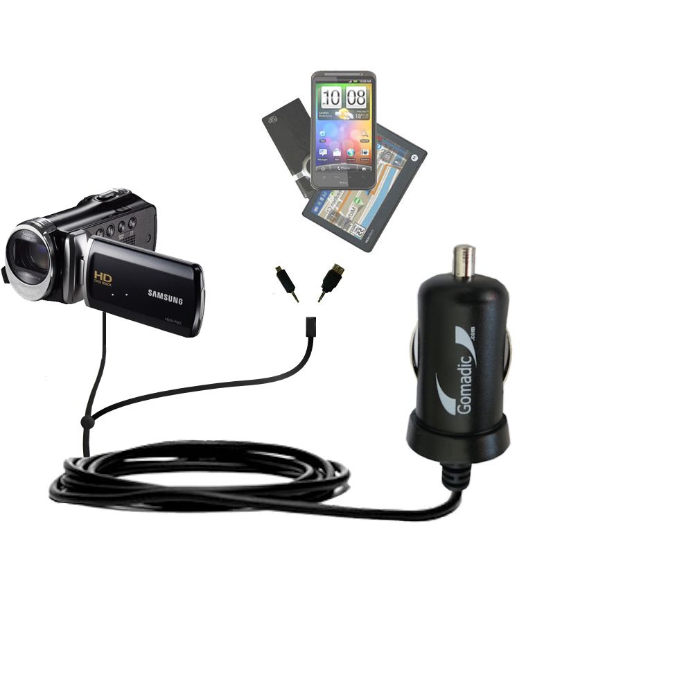 mini Double Car Charger with tips including compatible with the Samsung HMX-F90 / HMX-F91