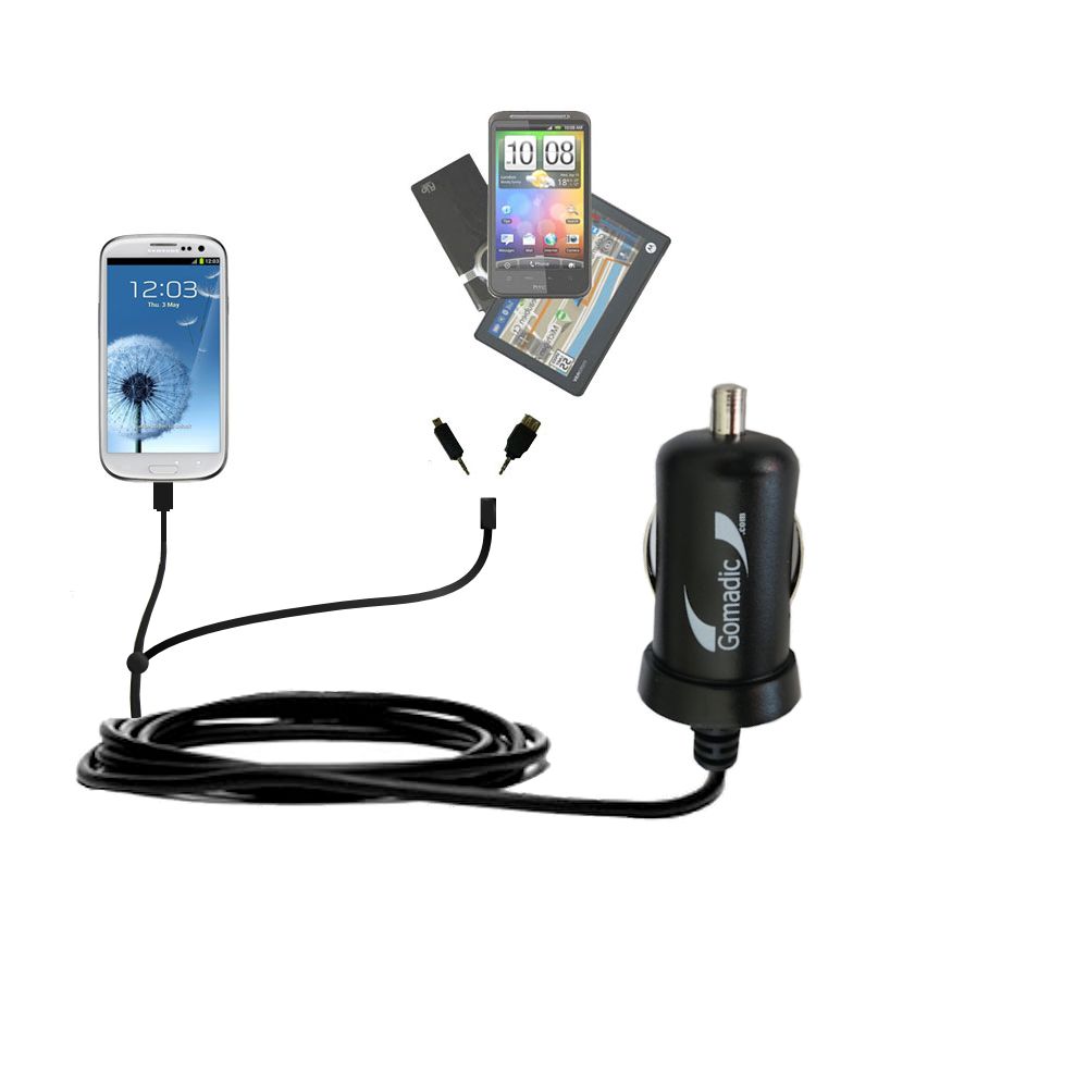 mini Double Car Charger with tips including compatible with the Samsung i9300