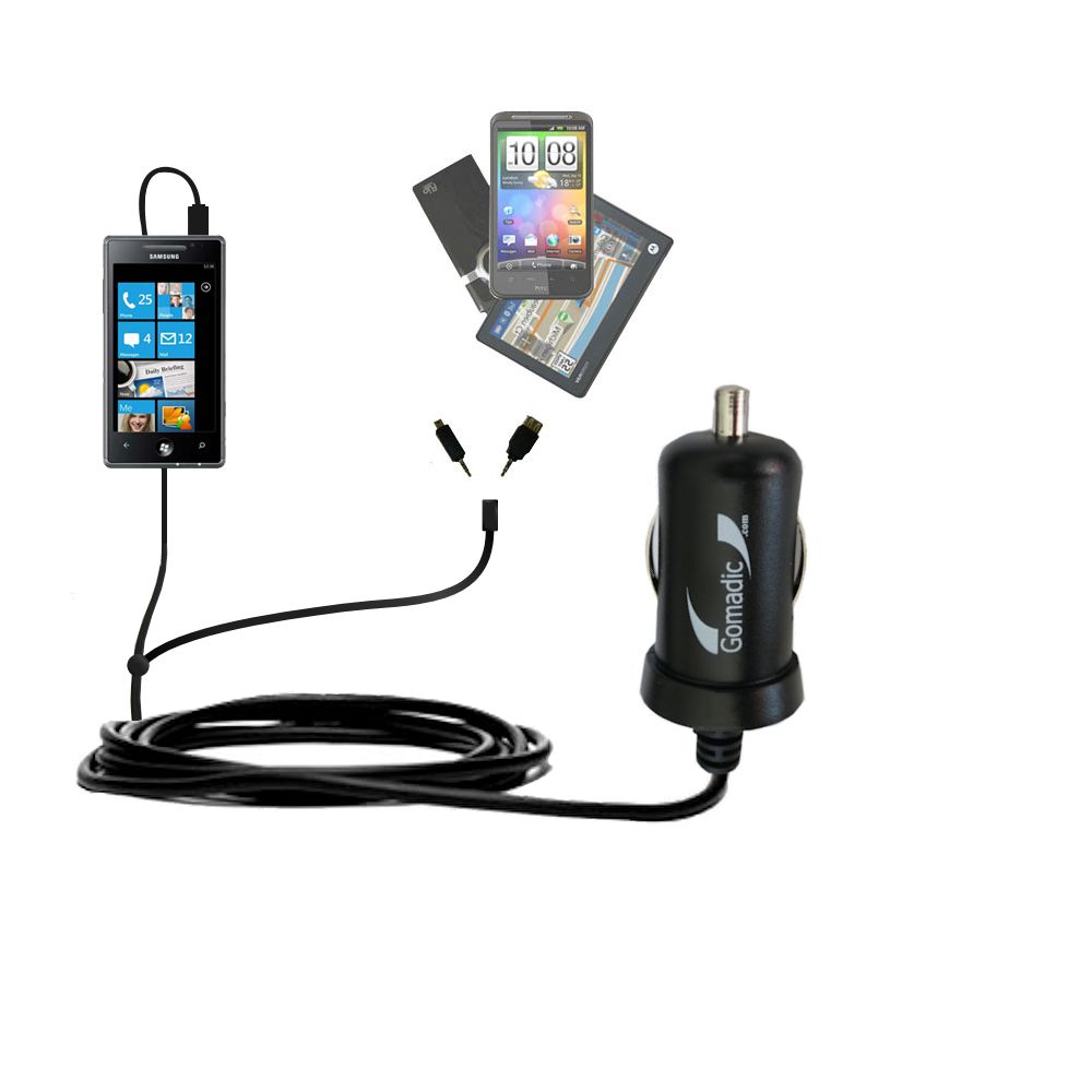 mini Double Car Charger with tips including compatible with the Samsung Omnia 7