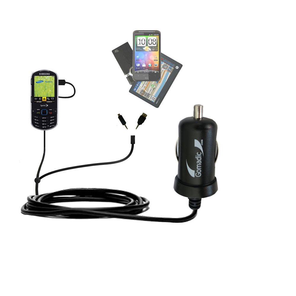 Double Port Micro Gomadic Car / Auto DC Charger suitable for the Samsung Restore - Charges up to 2 devices simultaneously with Gomadic TipExchange Technology