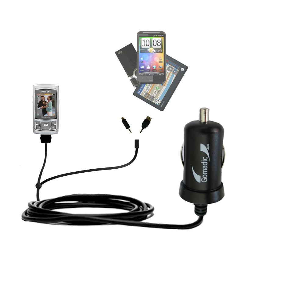 mini Double Car Charger with tips including compatible with the Samsung T629