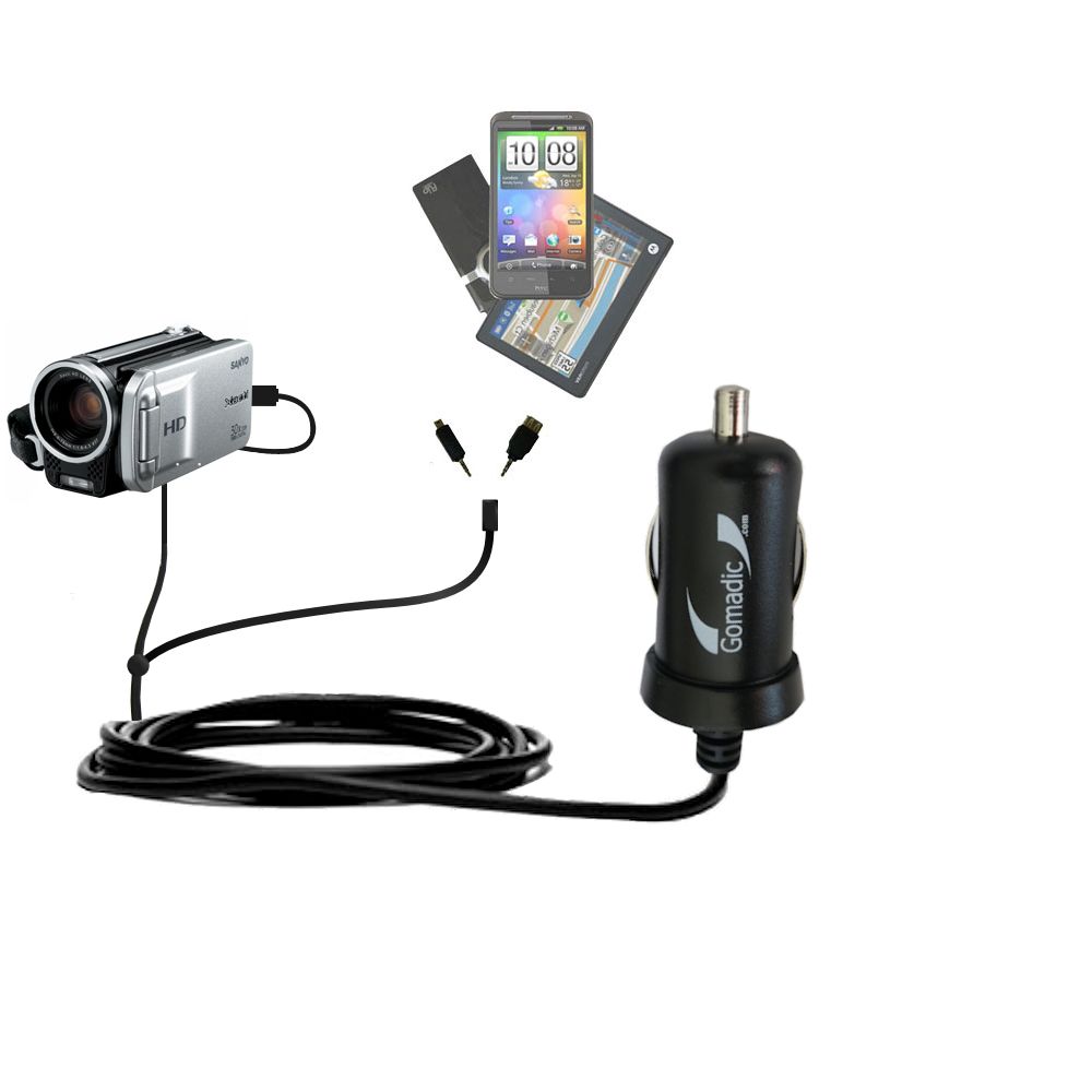 mini Double Car Charger with tips including compatible with the Sanyo Camcorder VPC-TH1