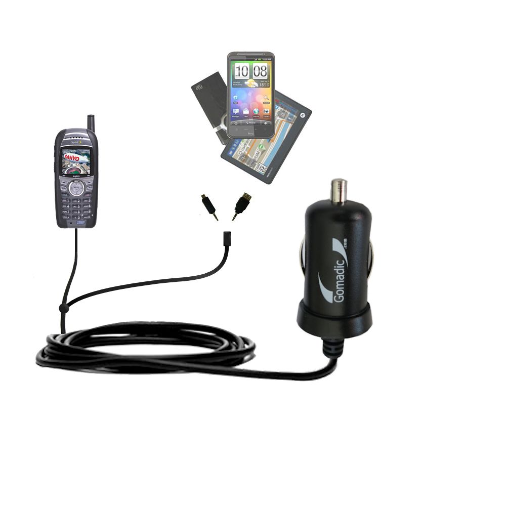 Double Port Micro Gomadic Car / Auto DC Charger suitable for the Sanyo SCP-4930 - Charges up to 2 devices simultaneously with Gomadic TipExchange Technology