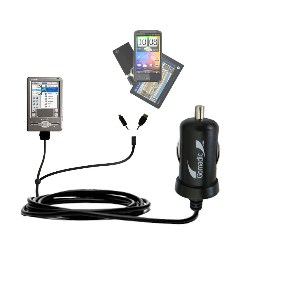 Double Port Micro Gomadic Car / Auto DC Charger suitable for the Sony Clie SJ20 SJ30 SJ33 - Charges up to 2 devices simultaneously with Gomadic TipExchange Technology