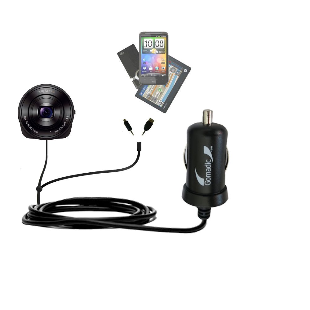 mini Double Car Charger with tips including compatible with the Sony DSC-QX10 / W