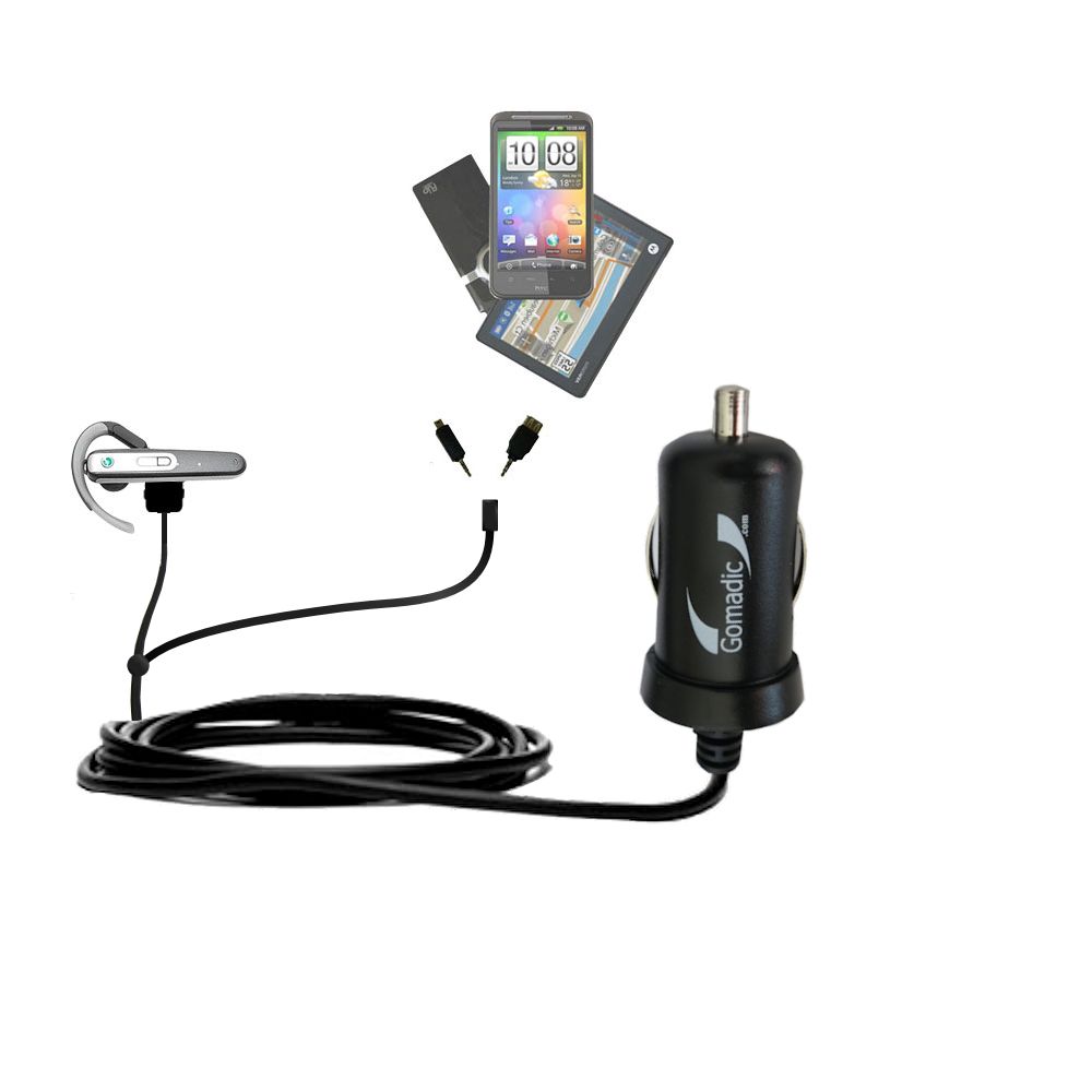 mini Double Car Charger with tips including compatible with the Sony Ericsson Bluetooth Headset HBH-608