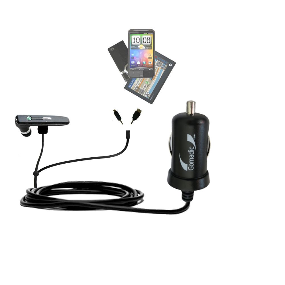 mini Double Car Charger with tips including compatible with the Sony Ericsson Bluetooth Headset HBH-IV835