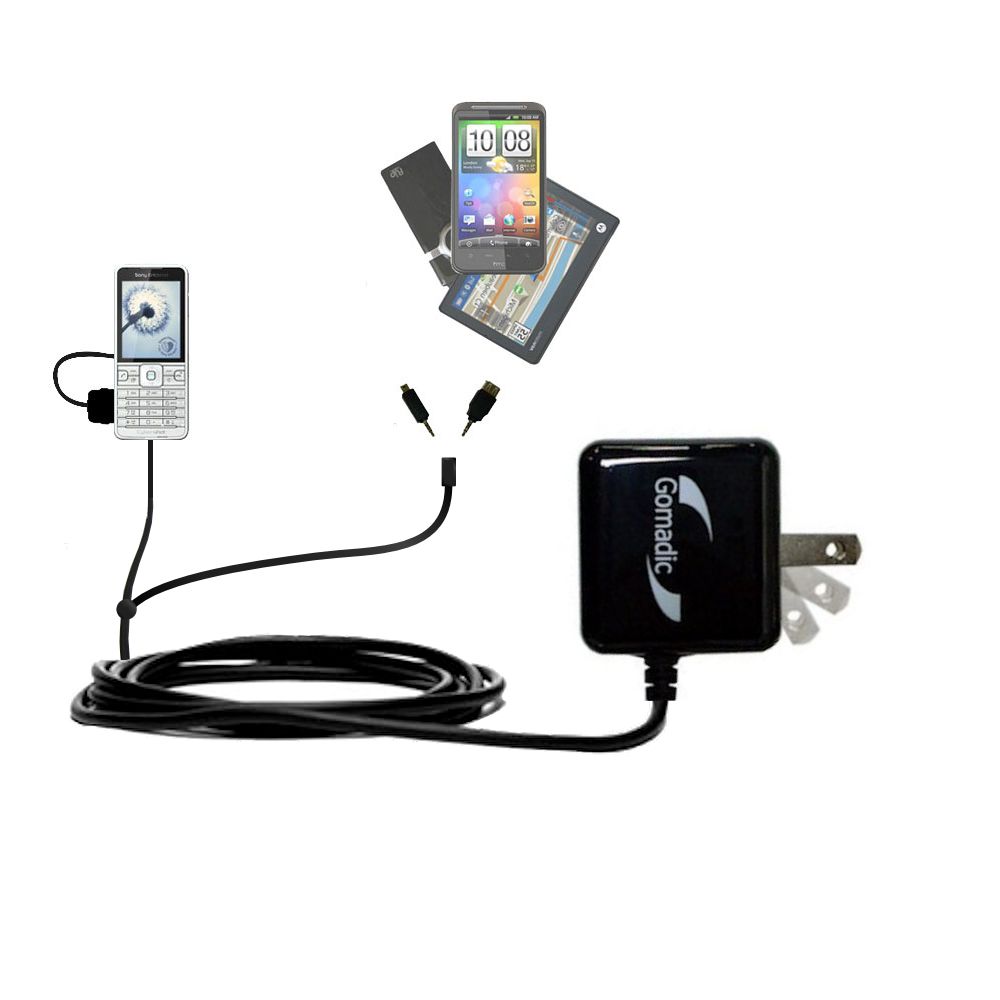 Gomadic Double Wall AC Home Charger suitable for the Sony Ericsson C901 / C901A - Charge up to 2 devices at the same time with TipExchange Technology