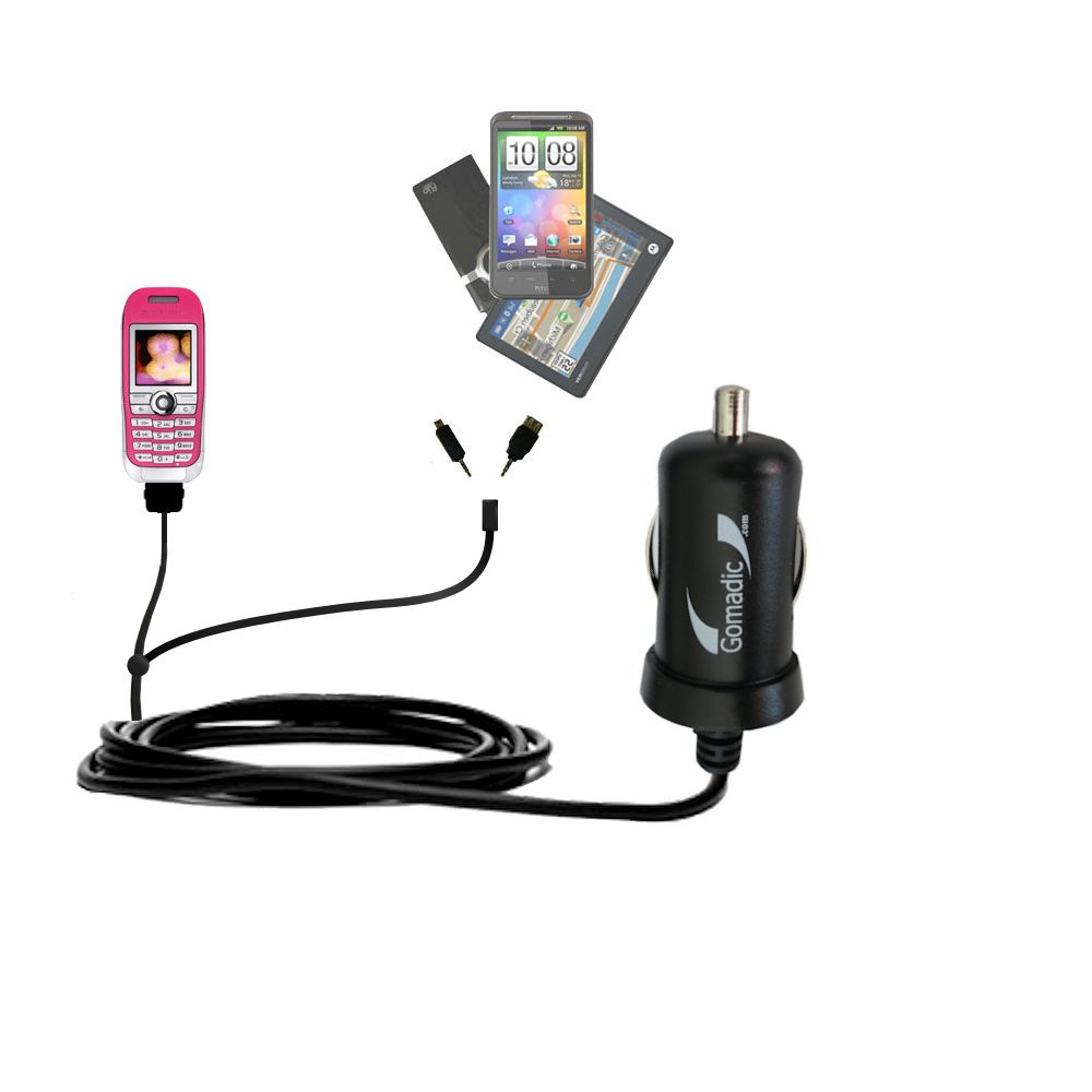 mini Double Car Charger with tips including compatible with the Sony Ericsson J300c