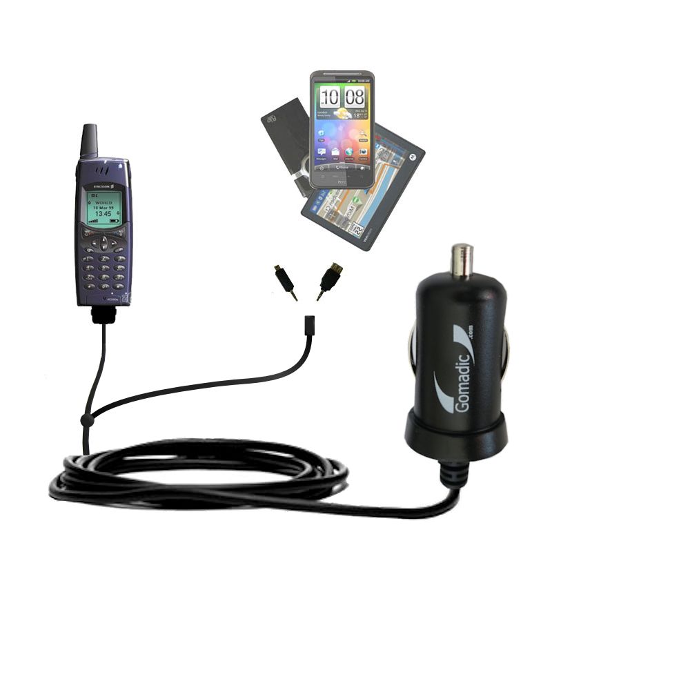 mini Double Car Charger with tips including compatible with the Sony Ericsson R380 WORLD