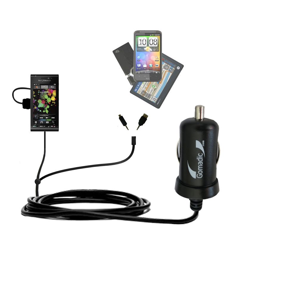mini Double Car Charger with tips including compatible with the Sony Ericsson Satio / Satio A