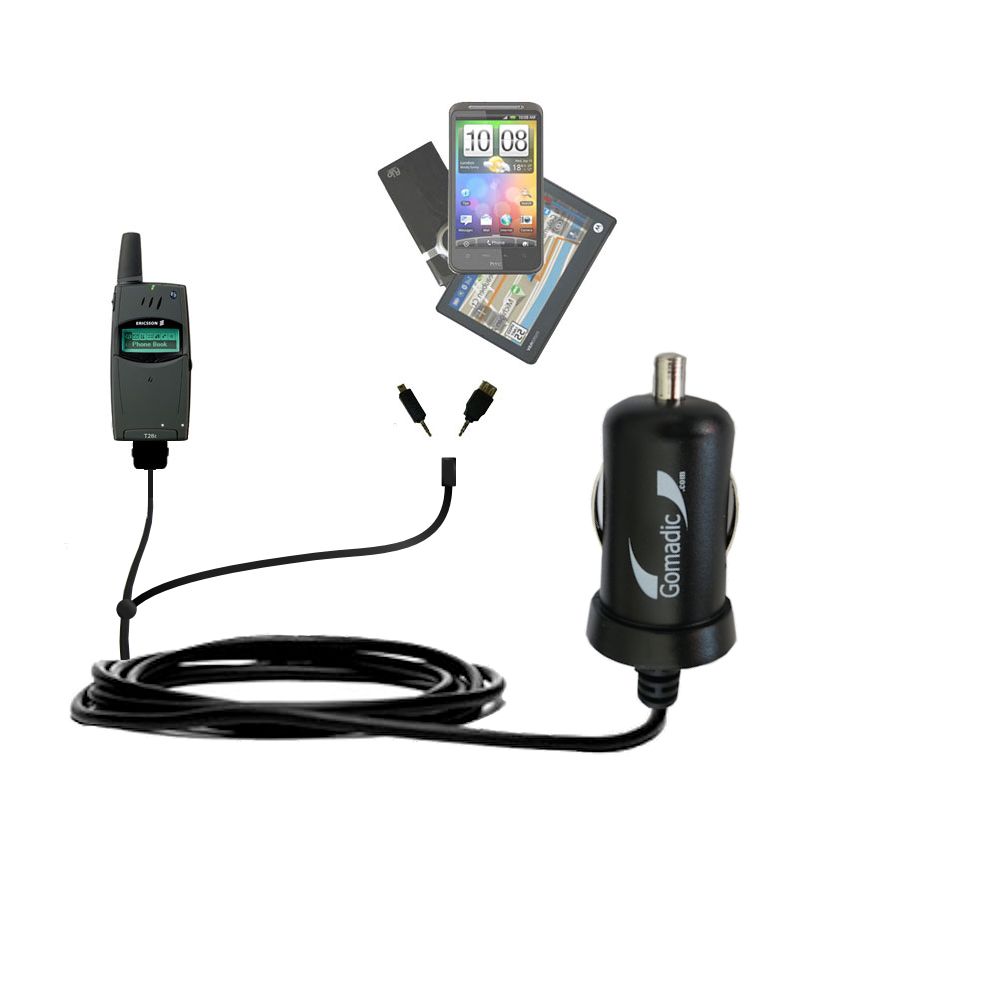 mini Double Car Charger with tips including compatible with the Sony Ericsson T28 WORLD