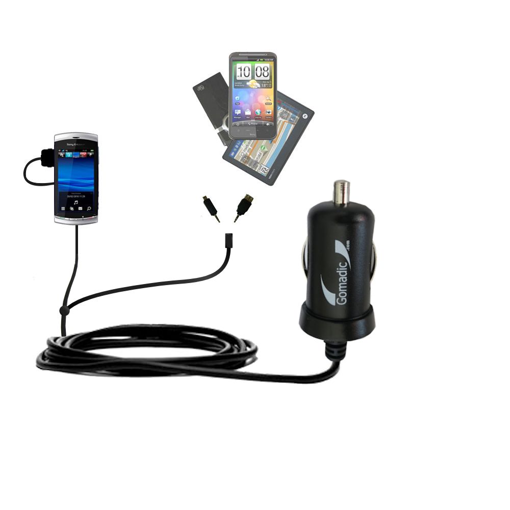 Double Port Micro Gomadic Car / Auto DC Charger suitable for the Sony Ericsson Vivaz - Charges up to 2 devices simultaneously with Gomadic TipExchange Technology