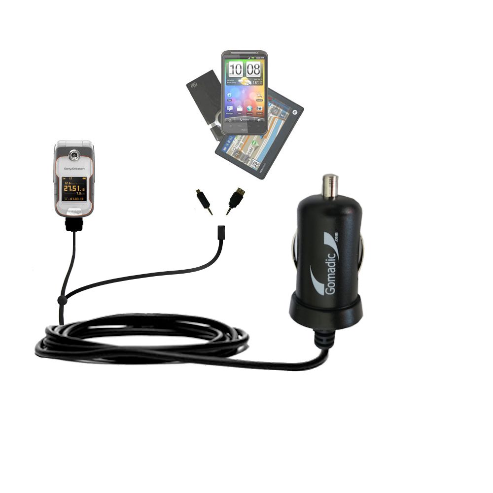 Double Port Micro Gomadic Car / Auto DC Charger suitable for the Sony Ericsson W710 - Charges up to 2 devices simultaneously with Gomadic TipExchange Technology