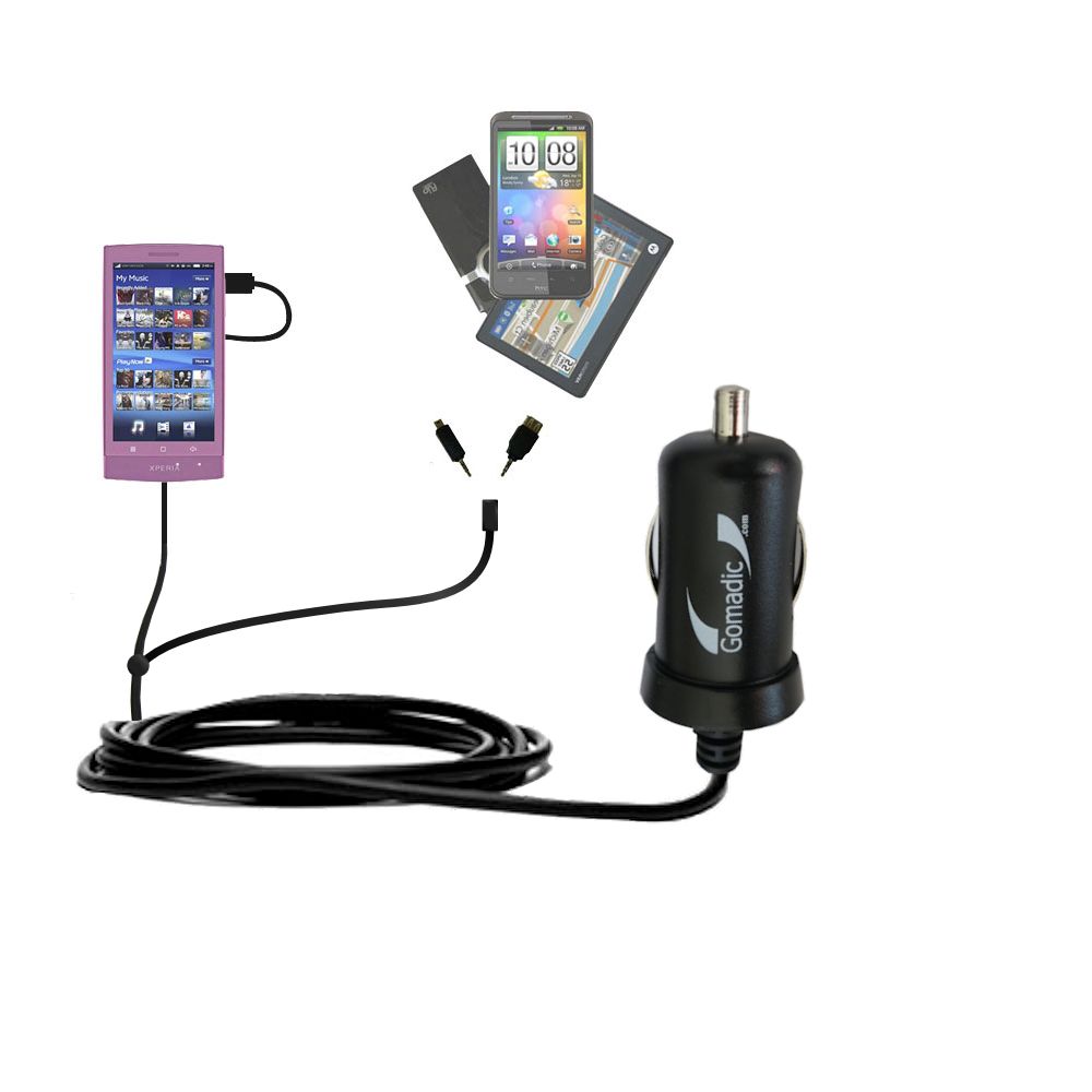mini Double Car Charger with tips including compatible with the Sony Ericsson X12