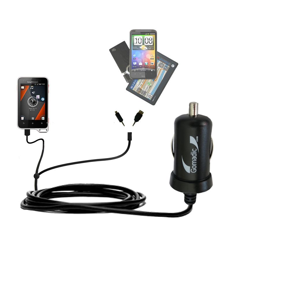 mini Double Car Charger with tips including compatible with the Sony Ericsson Xperia active