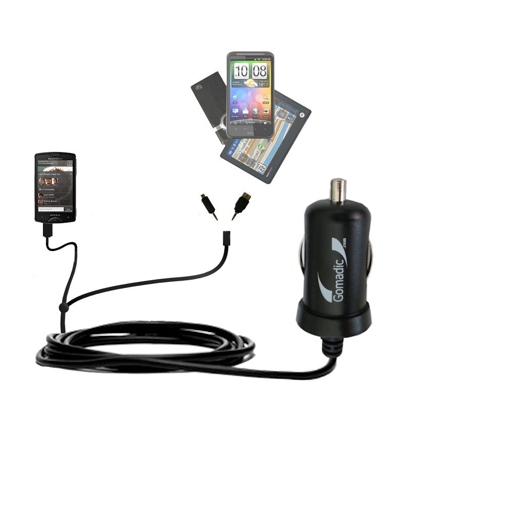 mini Double Car Charger with tips including compatible with the Sony Ericsson Xperia Mini