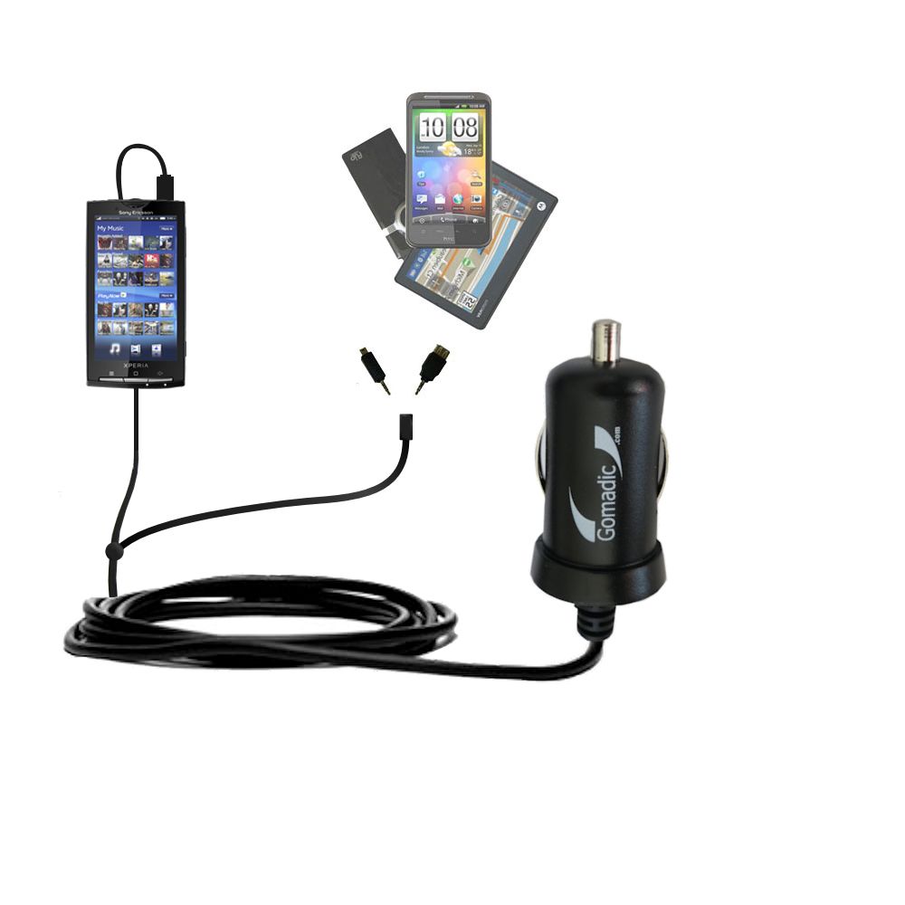 mini Double Car Charger with tips including compatible with the Sony Ericsson Xperia X10