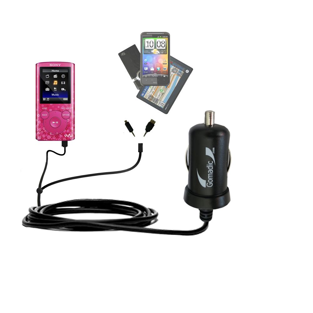 mini Double Car Charger with tips including compatible with the Sony Walkman NWZ-E383 / NWZ-E384 / NWZ-E385