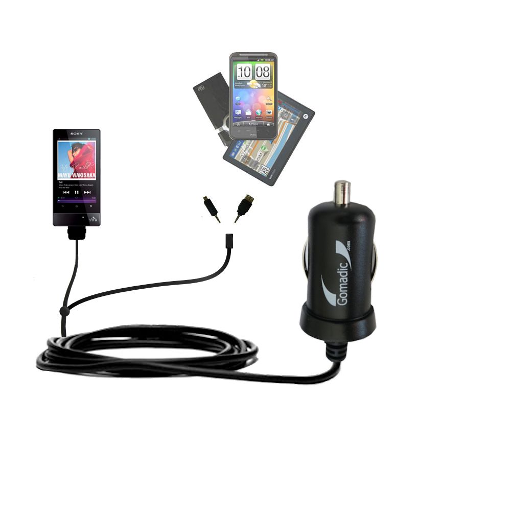 Double Port Micro Gomadic Car / Auto DC Charger suitable for the Sony Walkman NWZ-F804 F805 F806 - Charges up to 2 devices simultaneously with Gomadic TipExchange Technology