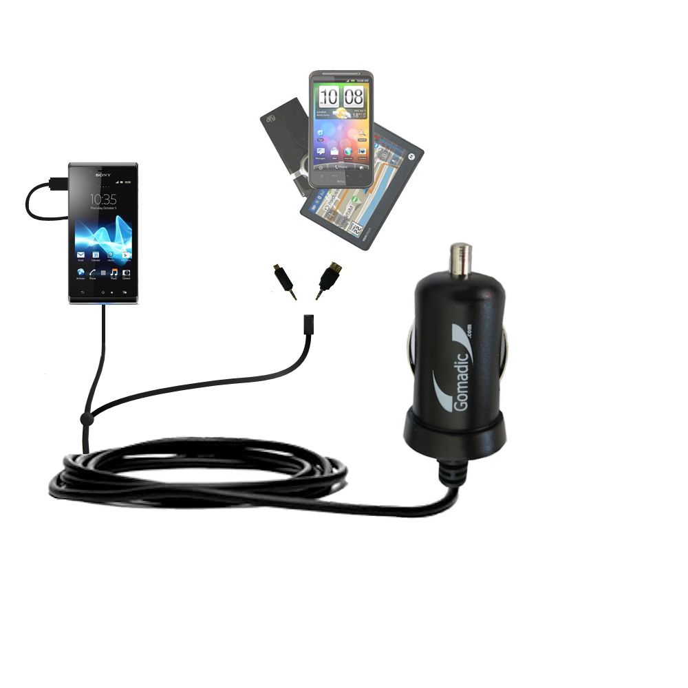 mini Double Car Charger with tips including compatible with the Sony Xperia J