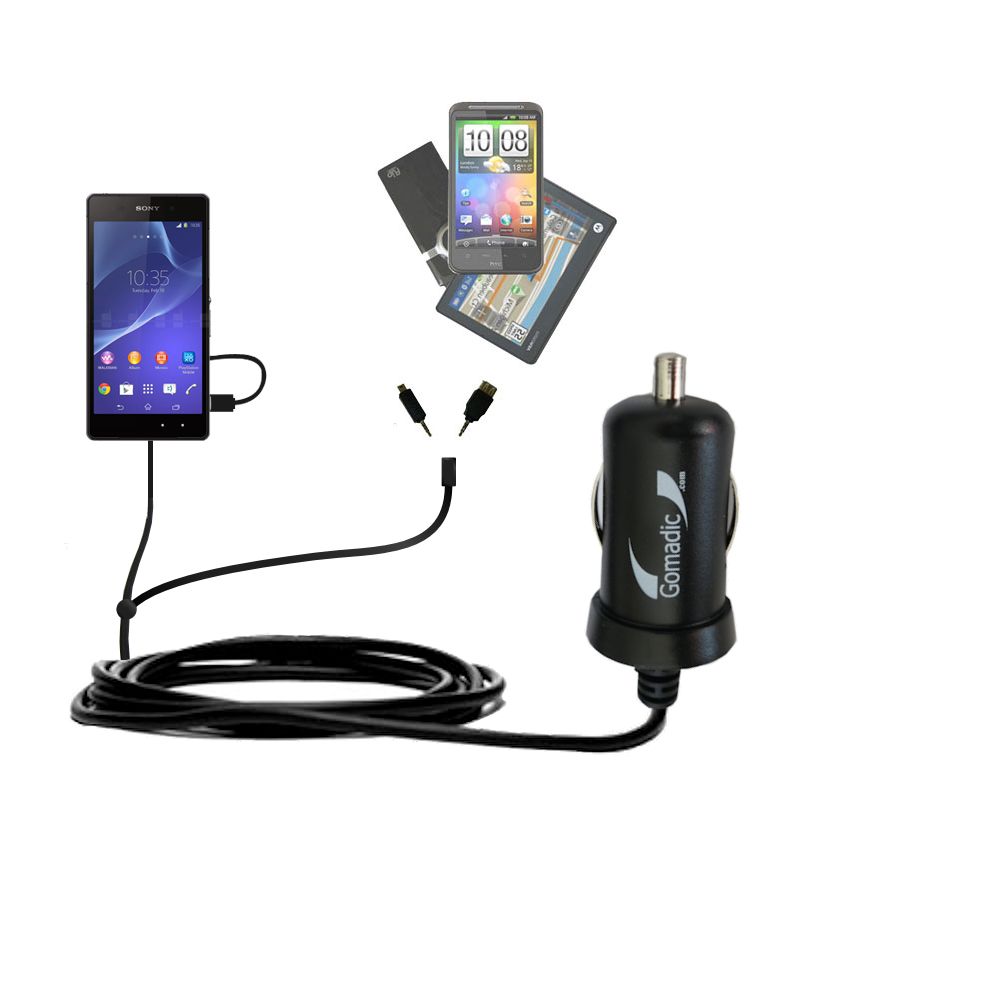 mini Double Car Charger with tips including compatible with the Sony Xperia Z2