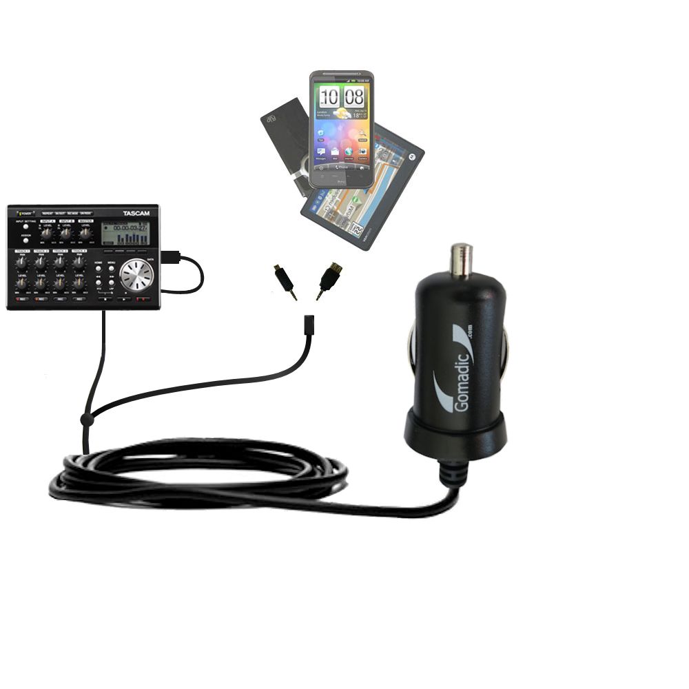 Double Port Micro Gomadic Car / Auto DC Charger suitable for the Tascam DP-004 - Charges up to 2 devices simultaneously with Gomadic TipExchange Technology