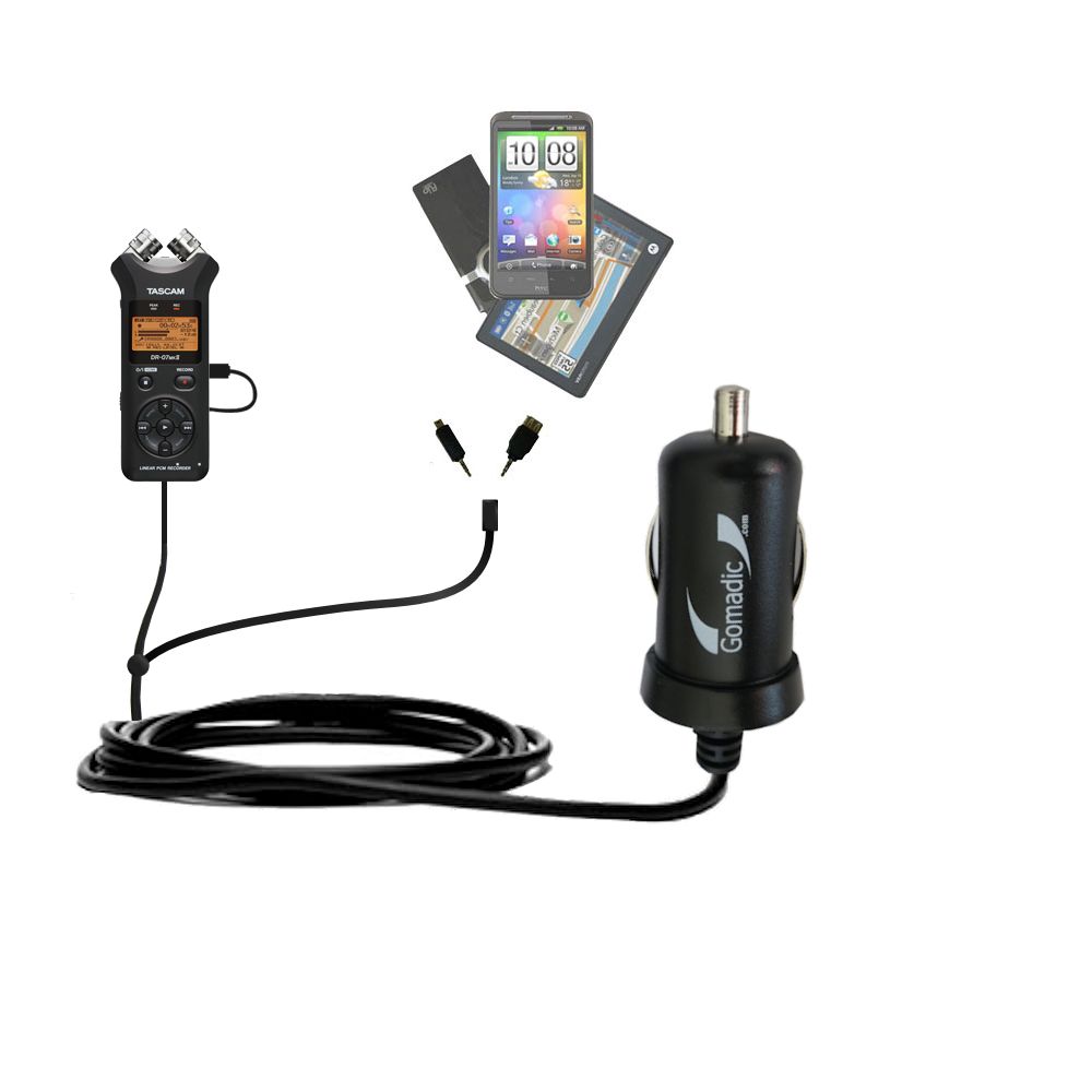 Double Port Micro Gomadic Car / Auto DC Charger suitable for the Tascam DR-07 MK II - Charges up to 2 devices simultaneously with Gomadic TipExchange Technology