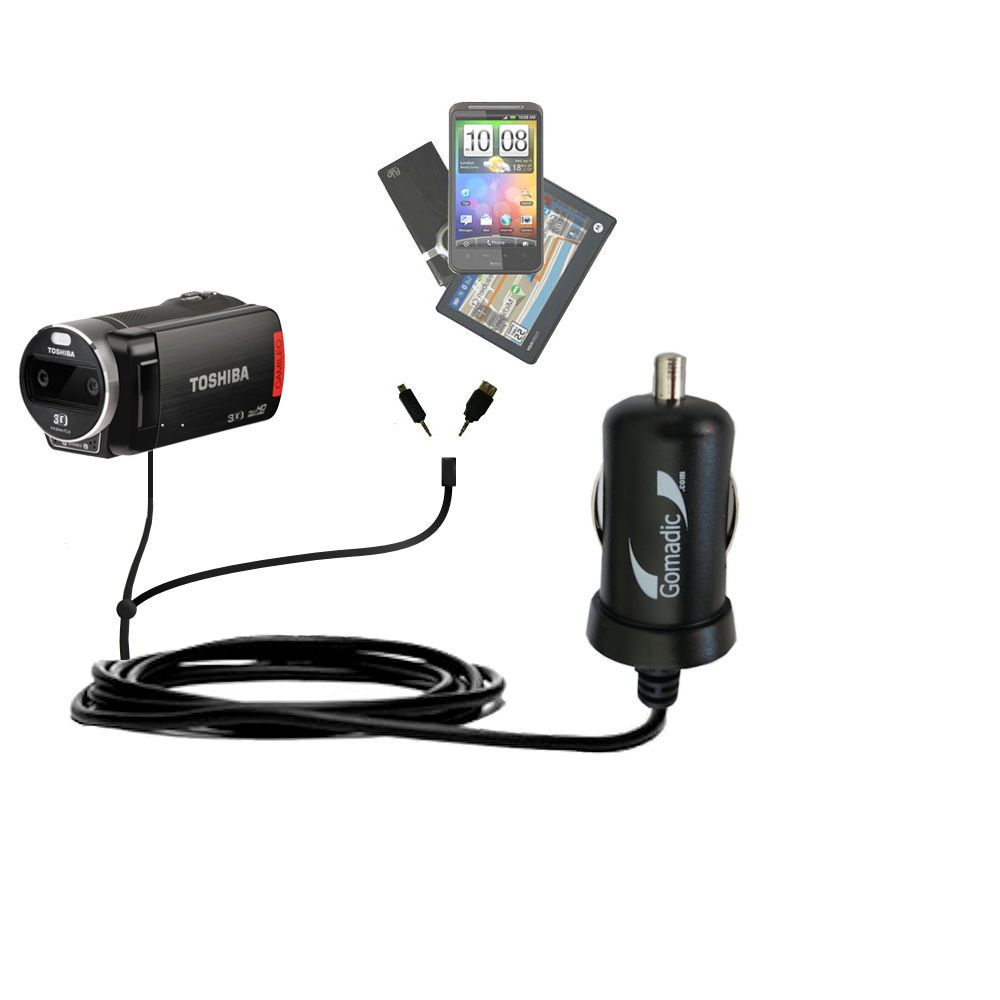 Double Port Micro Gomadic Car / Auto DC Charger suitable for the Toshiba Camileo Z100 - Charges up to 2 devices simultaneously with Gomadic TipExchange Technology