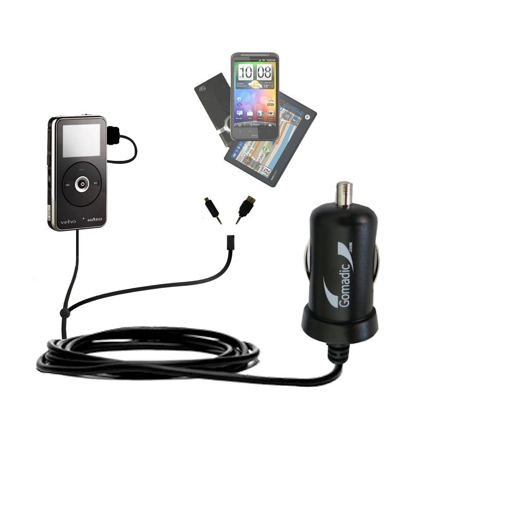 mini Double Car Charger with tips including compatible with the Veho Muvi Kuzo HD Flip VCC-007