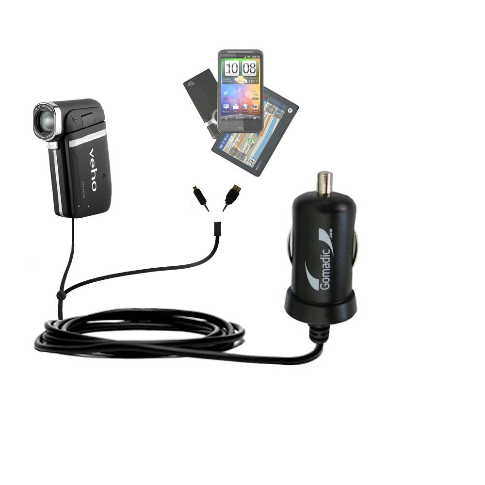 mini Double Car Charger with tips including compatible with the Veho Muvi Kuzo HD VC-001 / VC-002
