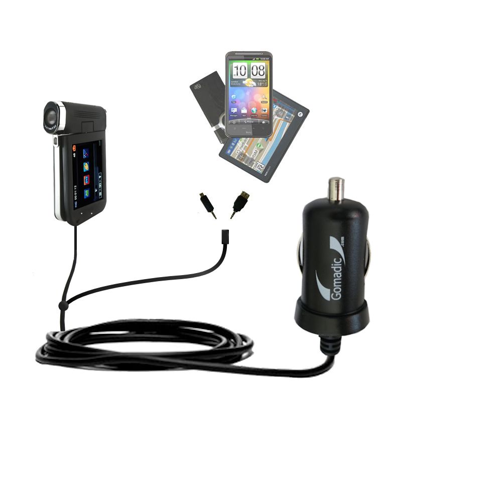 mini Double Car Charger with tips including compatible with the Veho Muvi Kuzo VC-008