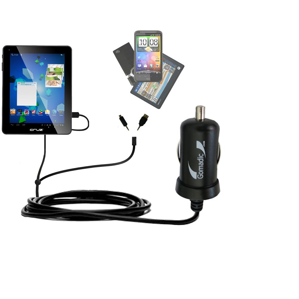 Double Port Micro Gomadic Car / Auto DC Charger suitable for the Velocity Micro Cruz T510 - Charges up to 2 devices simultaneously with Gomadic TipExchange Technology