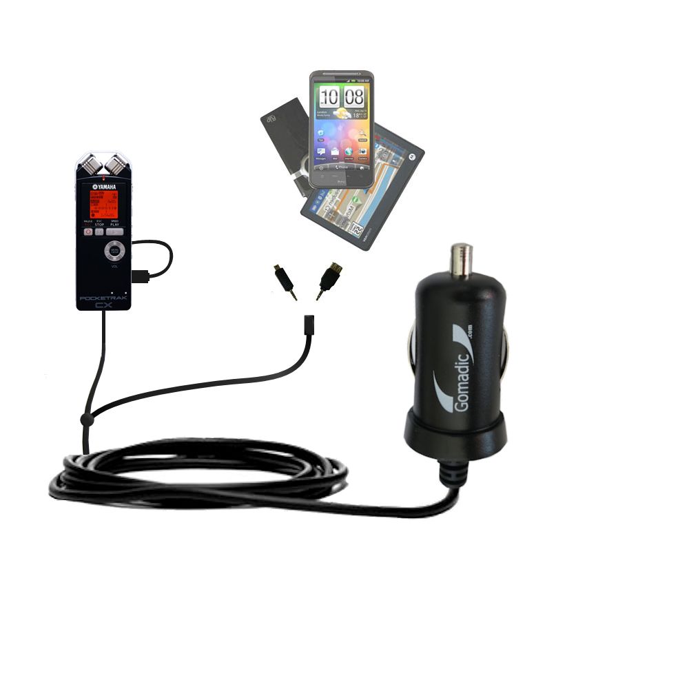 Double Port Micro Gomadic Car / Auto DC Charger suitable for the Yamaha Pocketrak CX - Charges up to 2 devices simultaneously with Gomadic TipExchange Technology