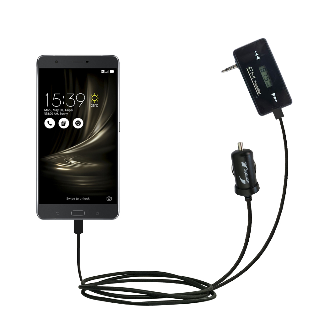 FM Transmitter Plus Car Charger compatible with the Asus Zenfone 3 Ultra