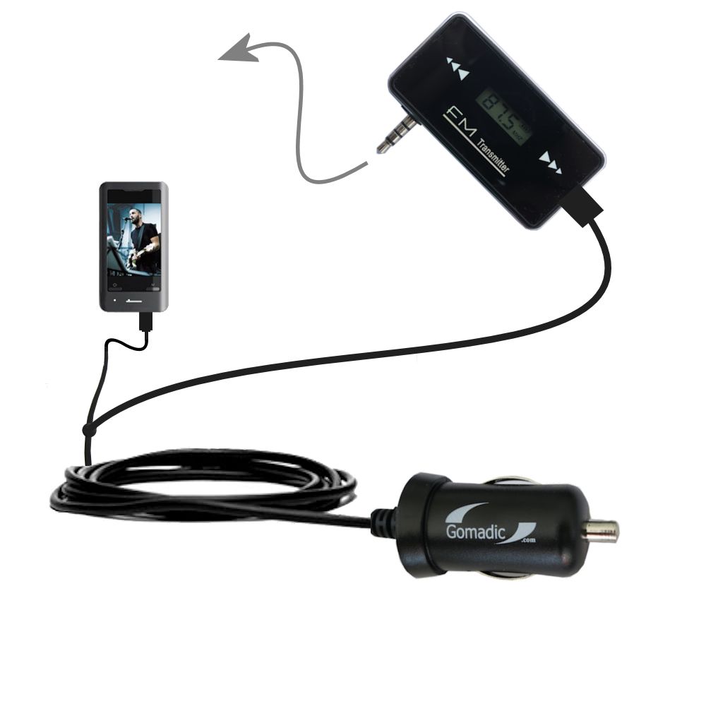 FM Transmitter Plus Car Charger compatible with the Coby MP826 Touchscreen Video MP3 Player