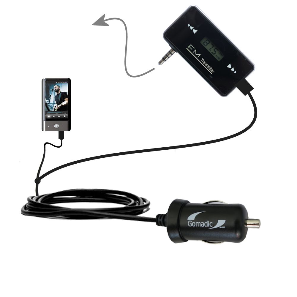FM Transmitter Plus Car Charger compatible with the Coby MP837 Touchscreen Video MP3 Player